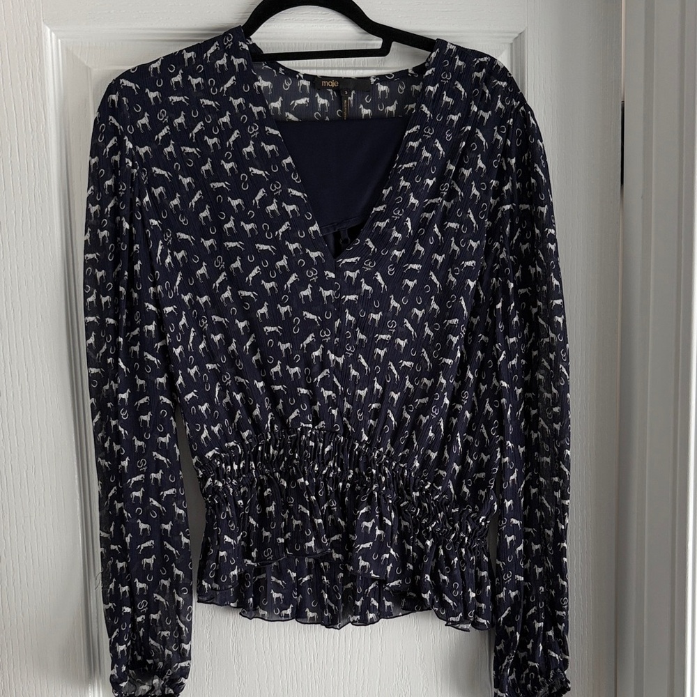 Maje Dark Blue and White Textured Blouse- horses maje size 3